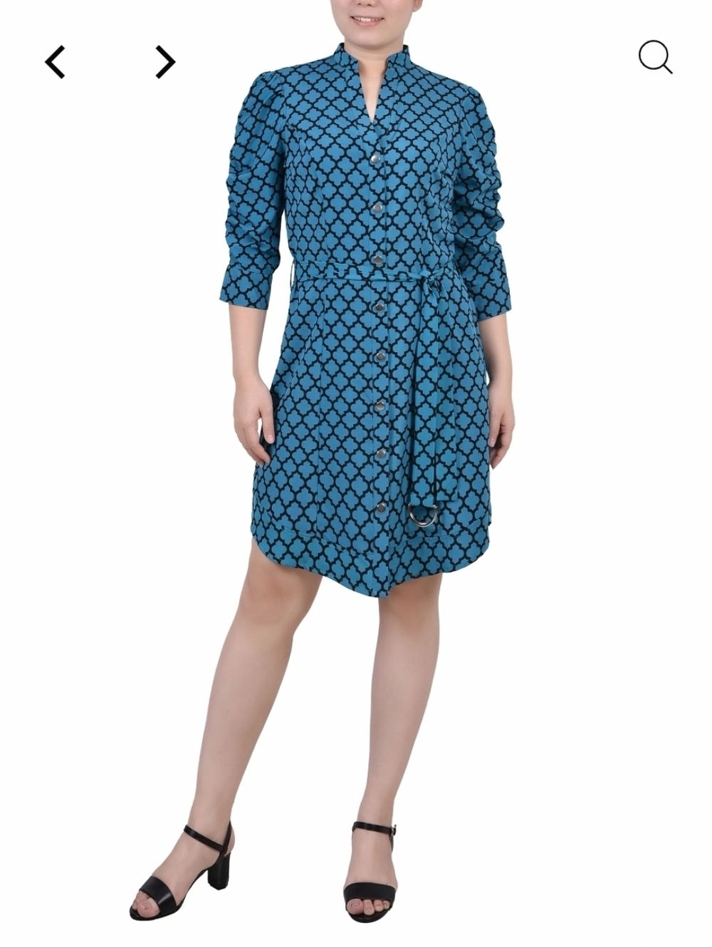 NY Collection Teal Blue  Button-Front Dress 3/4 Rouched Sleeve With Belt